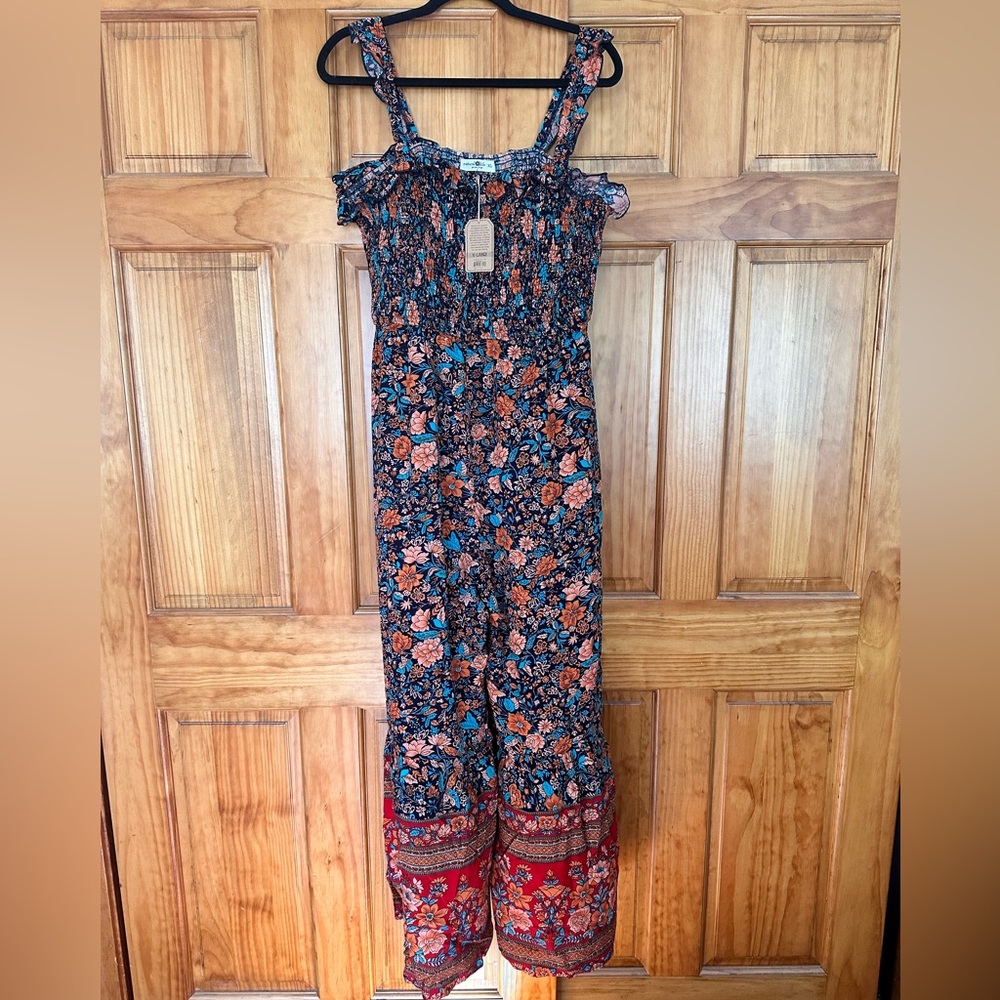 NWT Megan Smocked Jumpsuit - Navy Red Floral Border
